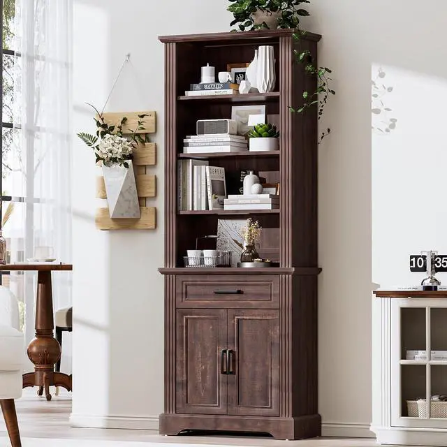 Alt view image 3 of 14 - 4-Tier Open Bookshelf with Drawer, Freestanding Farmhouse Bookcase with Adjustable Shelves, 72" Tall Display Storage Shelves for Home, Office(Brown)