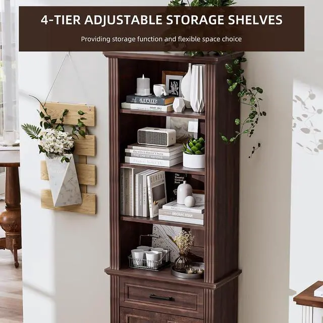 Alt view image 4 of 14 - 4-Tier Open Bookshelf with Drawer, Freestanding Farmhouse Bookcase with Adjustable Shelves, 72" Tall Display Storage Shelves for Home, Office(Brown)