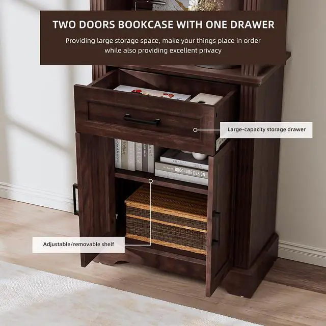 Alt view image 5 of 14 - 4-Tier Open Bookshelf with Drawer, Freestanding Farmhouse Bookcase with Adjustable Shelves, 72" Tall Display Storage Shelves for Home, Office(Brown)