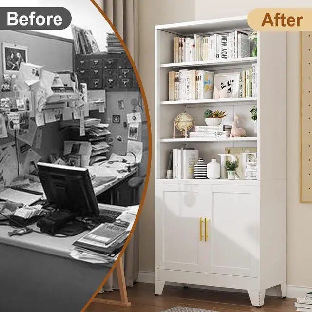 Alt view image 7 of 14 - 71" Tall Bookshelves and Bookcases with Doors, 6 Tier Metal Bookcase with Storage and Adjustable Shelf, Floor Standing Display Storage Shelves for Home, Office, Living Room