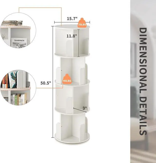 Alt view image 2 of 7 - Rotating Bookcase 360° Free, Rotating Shelf Office Shelf White, for Living Room, Study, Office, as Room Divider, 4 Levels