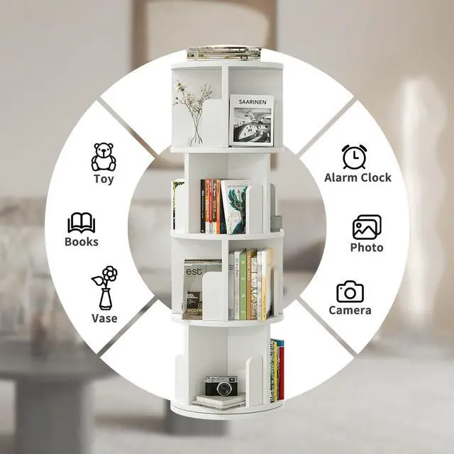 Alt view image 4 of 7 - Rotating Bookcase 360° Free, Rotating Shelf Office Shelf White, for Living Room, Study, Office, as Room Divider, 4 Levels