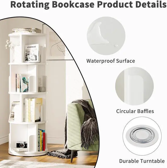 Alt view image 5 of 7 - Rotating Bookcase 360° Free, Rotating Shelf Office Shelf White, for Living Room, Study, Office, as Room Divider, 4 Levels