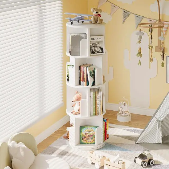 Alt view image 6 of 7 - Rotating Bookcase 360° Free, Rotating Shelf Office Shelf White, for Living Room, Study, Office, as Room Divider, 4 Levels