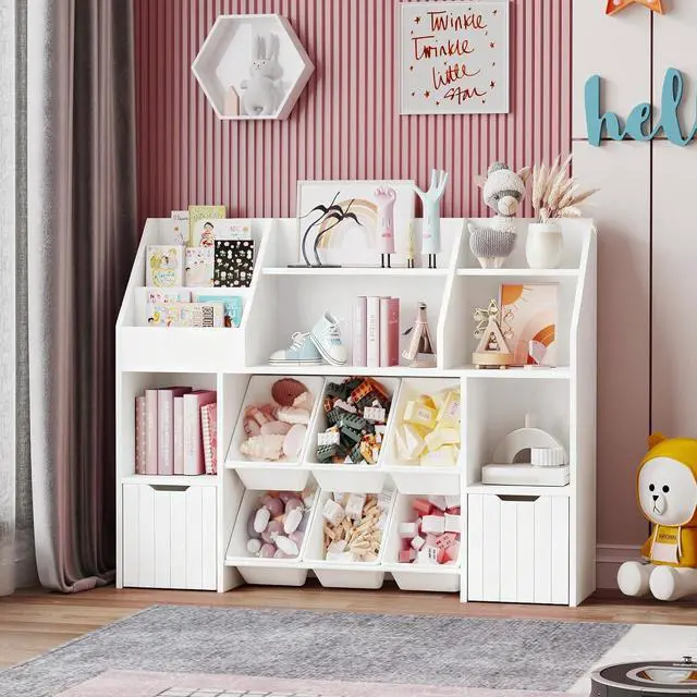 Main image of Wooden Wide Bookshelf,Tiered Bookshelves,with 2 Mobile Drawers on Wheels and 6 Removable Storage Baskets,Anti-tip Design,Suitable for Living Rooms,Bedrooms and Game Rooms (Tiered bookshelf-White-01)