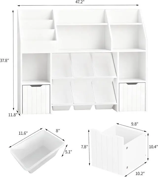 Alt view image 2 of 7 - Wooden Wide Bookshelf,Tiered Bookshelves,with 2 Mobile Drawers on Wheels and 6 Removable Storage Baskets,Anti-tip Design,Suitable for Living Rooms,Bedrooms and Game Rooms (Tiered bookshelf-White-01)