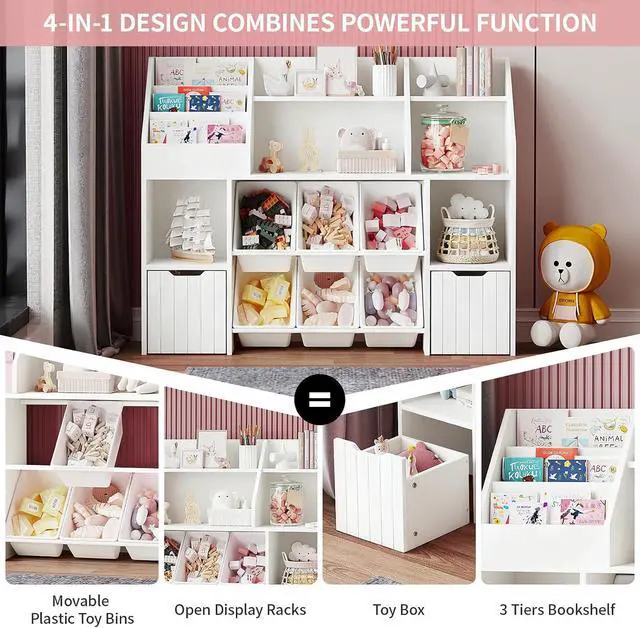 Alt view image 4 of 7 - Wooden Wide Bookshelf,Tiered Bookshelves,with 2 Mobile Drawers on Wheels and 6 Removable Storage Baskets,Anti-tip Design,Suitable for Living Rooms,Bedrooms and Game Rooms (Tiered bookshelf-White-01)