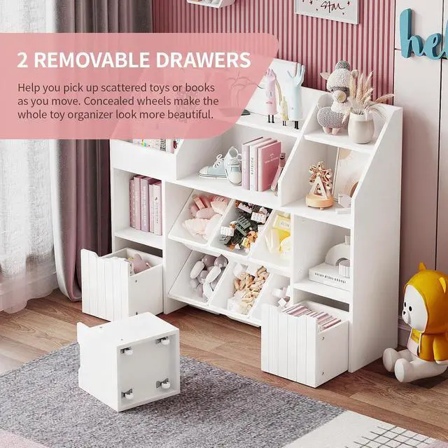 Alt view image 3 of 7 - Wooden Wide Bookshelf,Tiered Bookshelves,with 2 Mobile Drawers on Wheels and 6 Removable Storage Baskets,Anti-tip Design,Suitable for Living Rooms,Bedrooms and Game Rooms (Tiered bookshelf-White-01)