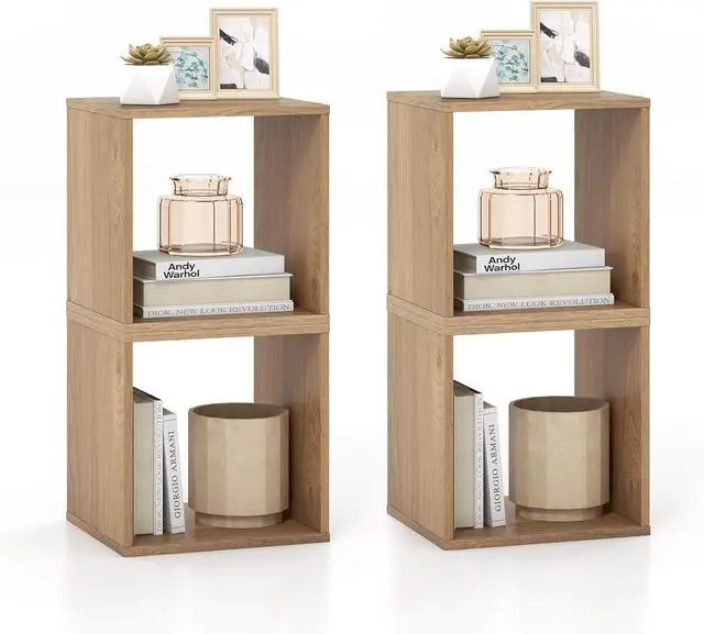 Main image of Stackable 2 Cube Storage Organizer Set of 2, Freestanding Cubby Storage Bookcase with Anti-toppling Device, 2-Tier Bookshelf, Combinable Record Player Stand for Living Room Study (2, Natural)