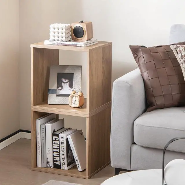 Alt view image 2 of 7 - Stackable 2 Cube Storage Organizer Set of 2, Freestanding Cubby Storage Bookcase with Anti-toppling Device, 2-Tier Bookshelf, Combinable Record Player Stand for Living Room Study (2, Natural)