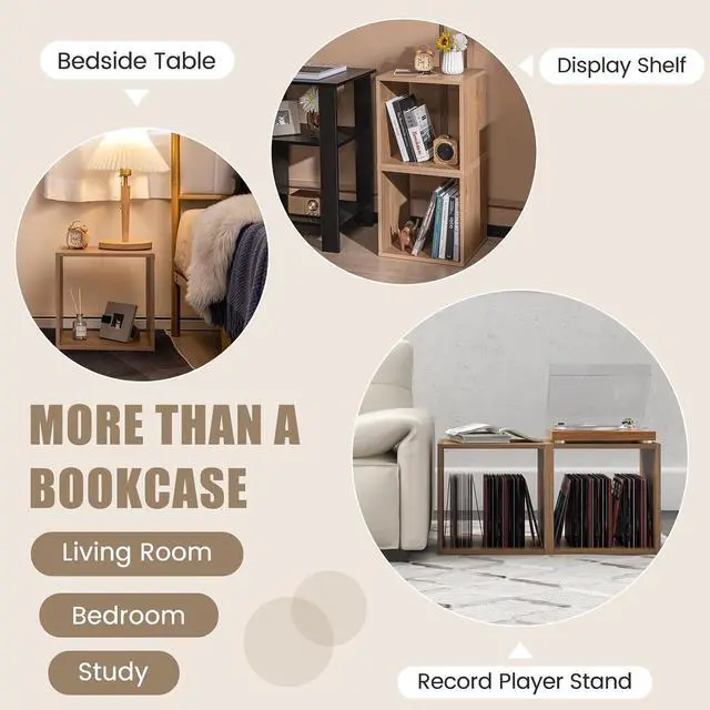 Alt view image 5 of 7 - Stackable 2 Cube Storage Organizer Set of 2, Freestanding Cubby Storage Bookcase with Anti-toppling Device, 2-Tier Bookshelf, Combinable Record Player Stand for Living Room Study (2, Natural)
