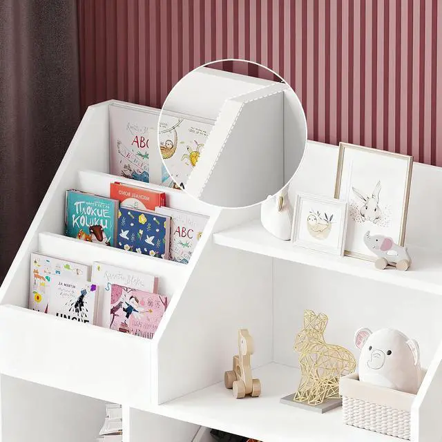 Alt view image 7 of 7 - Wooden Wide Bookshelf,Tiered Bookshelves,with 2 Mobile Drawers on Wheels and 6 Removable Storage Baskets,Anti-tip Design,Suitable for Living Rooms,Bedrooms and Game Rooms (Tiered bookshelf-White-01)