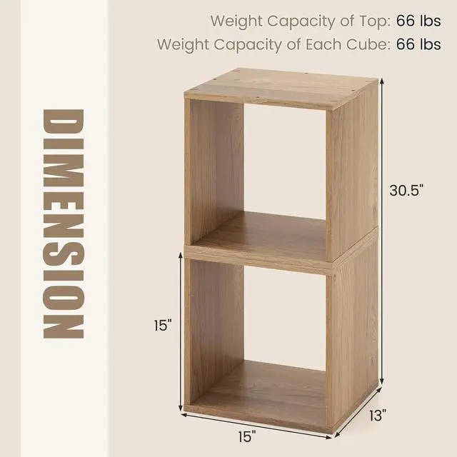 Alt view image 3 of 7 - Stackable 2 Cube Storage Organizer Set of 2, Freestanding Cubby Storage Bookcase with Anti-toppling Device, 2-Tier Bookshelf, Combinable Record Player Stand for Living Room Study (2, Natural)