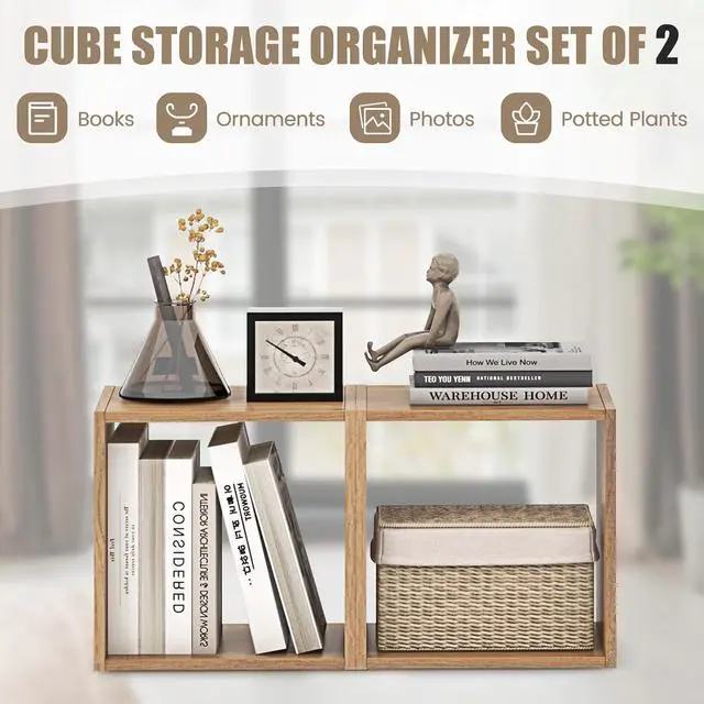 Alt view image 7 of 7 - Stackable 2 Cube Storage Organizer Set of 2, Freestanding Cubby Storage Bookcase with Anti-toppling Device, 2-Tier Bookshelf, Combinable Record Player Stand for Living Room Study (2, Natural)