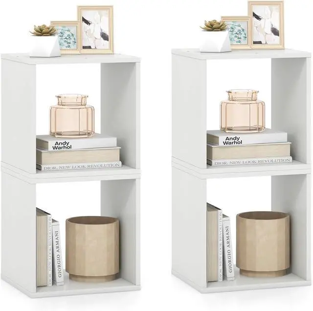Main image of Stackable 2 Cube Storage Organizer Set of 2, Freestanding Cubby Storage Bookcase with Anti-toppling Device, 2-Tier Bookshelf, Combinable Record Player Stand for Living Room Study (2, White)