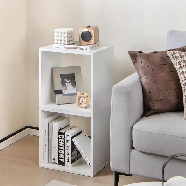 Alt view image 2 of 7 - Stackable 2 Cube Storage Organizer Set of 2, Freestanding Cubby Storage Bookcase with Anti-toppling Device, 2-Tier Bookshelf, Combinable Record Player Stand for Living Room Study (2, White)