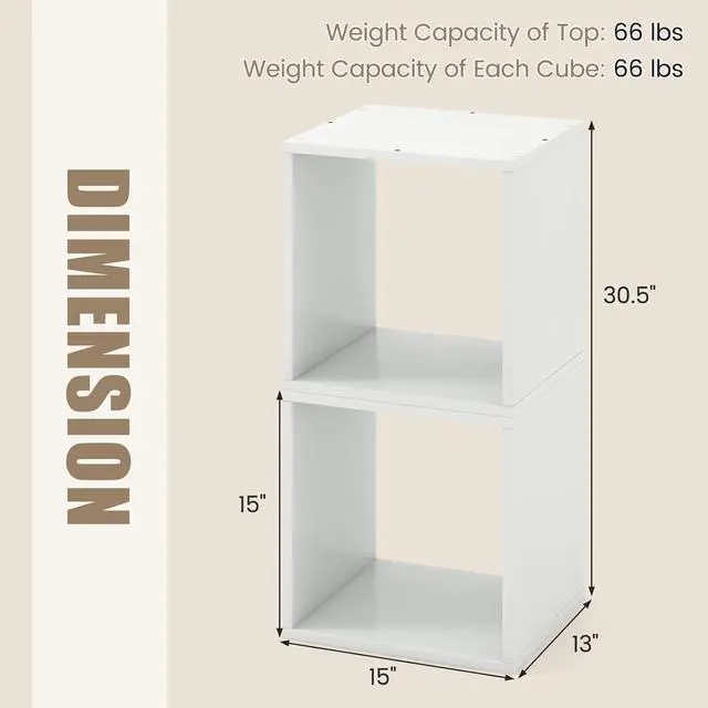 Alt view image 3 of 7 - Stackable 2 Cube Storage Organizer Set of 2, Freestanding Cubby Storage Bookcase with Anti-toppling Device, 2-Tier Bookshelf, Combinable Record Player Stand for Living Room Study (2, White)