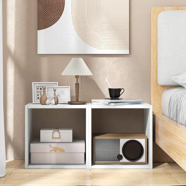 Alt view image 4 of 7 - Stackable 2 Cube Storage Organizer Set of 2, Freestanding Cubby Storage Bookcase with Anti-toppling Device, 2-Tier Bookshelf, Combinable Record Player Stand for Living Room Study (2, White)
