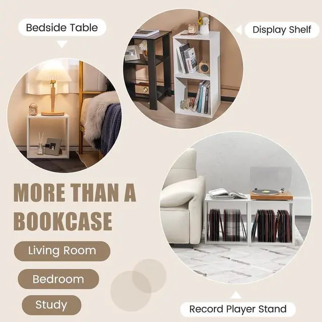 Alt view image 5 of 7 - Stackable 2 Cube Storage Organizer Set of 2, Freestanding Cubby Storage Bookcase with Anti-toppling Device, 2-Tier Bookshelf, Combinable Record Player Stand for Living Room Study (2, White)