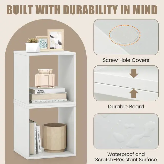 Alt view image 6 of 7 - Stackable 2 Cube Storage Organizer Set of 2, Freestanding Cubby Storage Bookcase with Anti-toppling Device, 2-Tier Bookshelf, Combinable Record Player Stand for Living Room Study (2, White)
