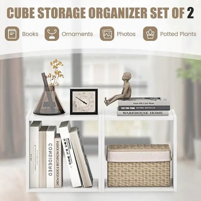 Alt view image 7 of 7 - Stackable 2 Cube Storage Organizer Set of 2, Freestanding Cubby Storage Bookcase with Anti-toppling Device, 2-Tier Bookshelf, Combinable Record Player Stand for Living Room Study (2, White)