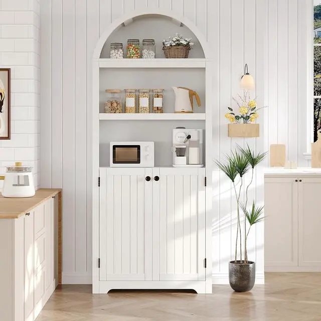 Main image of 72" Tall Wood Arched Storage Cabinet 5-Shelf Kitchen Pantry Cabinet with Doors & Open Shelves, Versatile Standing Bookcase & Cupboard for Living Room, Dining Room, KitchenWhite + Black