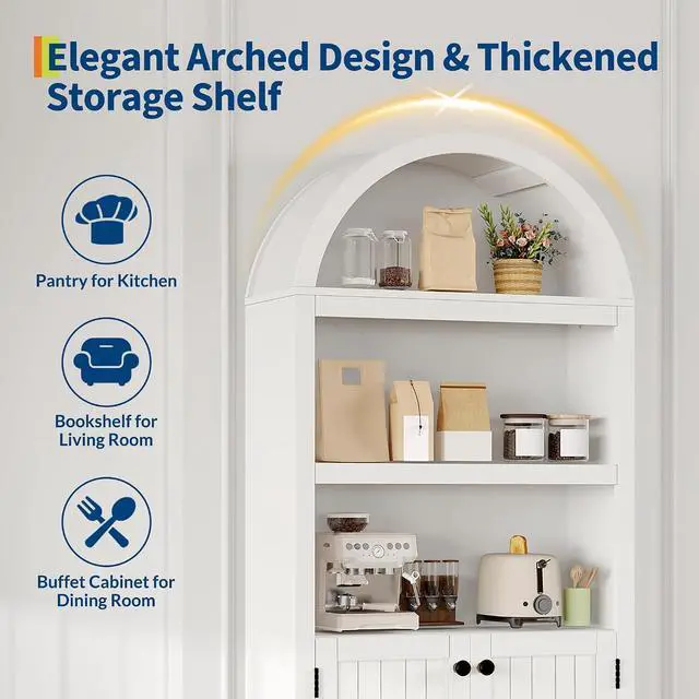 Alt view image 4 of 7 - 72" Tall Wood Arched Storage Cabinet 5-Shelf Kitchen Pantry Cabinet with Doors & Open Shelves, Versatile Standing Bookcase & Cupboard for Living Room, Dining Room, KitchenWhite + Black