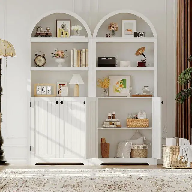 Alt view image 3 of 7 - 72" Tall Wood Arched Storage Cabinet 5-Shelf Kitchen Pantry Cabinet with Doors & Open Shelves, Versatile Standing Bookcase & Cupboard for Living Room, Dining Room, KitchenWhite + Black