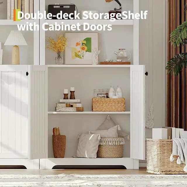 Alt view image 5 of 7 - 72" Tall Wood Arched Storage Cabinet 5-Shelf Kitchen Pantry Cabinet with Doors & Open Shelves, Versatile Standing Bookcase & Cupboard for Living Room, Dining Room, KitchenWhite + Black