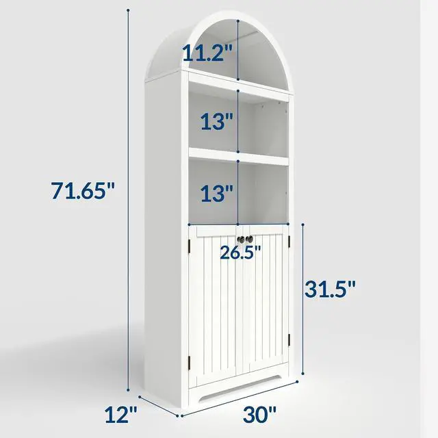 Alt view image 2 of 7 - 72" Tall Wood Arched Storage Cabinet 5-Shelf Kitchen Pantry Cabinet with Doors & Open Shelves, Versatile Standing Bookcase & Cupboard for Living Room, Dining Room, KitchenWhite + Black