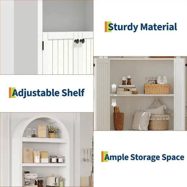 Alt view image 6 of 7 - 72" Tall Wood Arched Storage Cabinet 5-Shelf Kitchen Pantry Cabinet with Doors & Open Shelves, Versatile Standing Bookcase & Cupboard for Living Room, Dining Room, KitchenWhite + Black