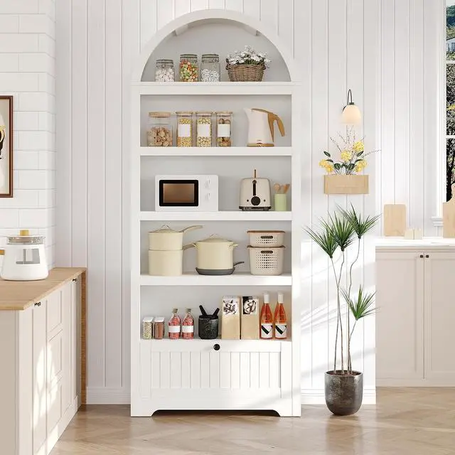 Main image of 72" Arched Bookshelf with Storage Drawer, Modern 6-Tier Wood Display Cabinet with Open Shelves and Bottom Drawer, Curved Cabinet Door for Living Room, Dining Room, Kitchen (White/Black)