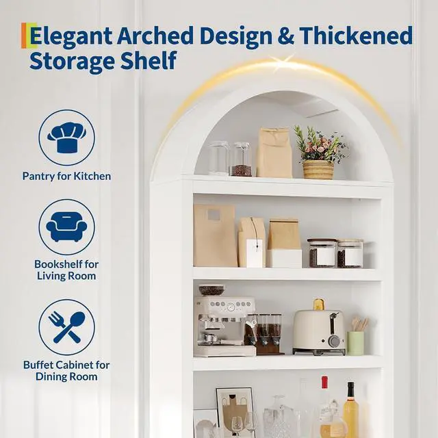 Alt view image 3 of 7 - 72" Arched Bookshelf with Storage Drawer, Modern 6-Tier Wood Display Cabinet with Open Shelves and Bottom Drawer, Curved Cabinet Door for Living Room, Dining Room, Kitchen (White/Black)
