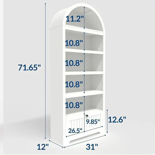 Alt view image 2 of 7 - 72" Arched Bookshelf with Storage Drawer, Modern 6-Tier Wood Display Cabinet with Open Shelves and Bottom Drawer, Curved Cabinet Door for Living Room, Dining Room, Kitchen (White/Black)