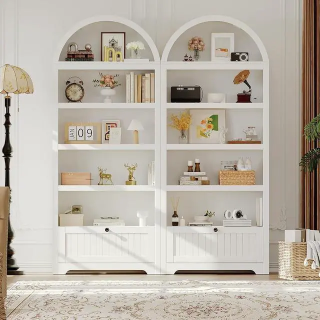 Alt view image 7 of 7 - 72" Arched Bookshelf with Storage Drawer, Modern 6-Tier Wood Display Cabinet with Open Shelves and Bottom Drawer, Curved Cabinet Door for Living Room, Dining Room, Kitchen (White/Black)