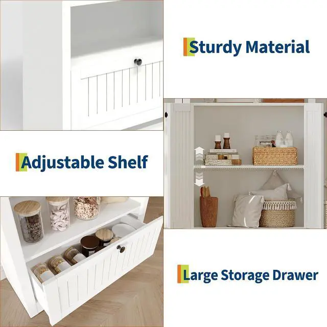 Alt view image 5 of 7 - 72" Arched Bookshelf with Storage Drawer, Modern 6-Tier Wood Display Cabinet with Open Shelves and Bottom Drawer, Curved Cabinet Door for Living Room, Dining Room, Kitchen (White/Black)