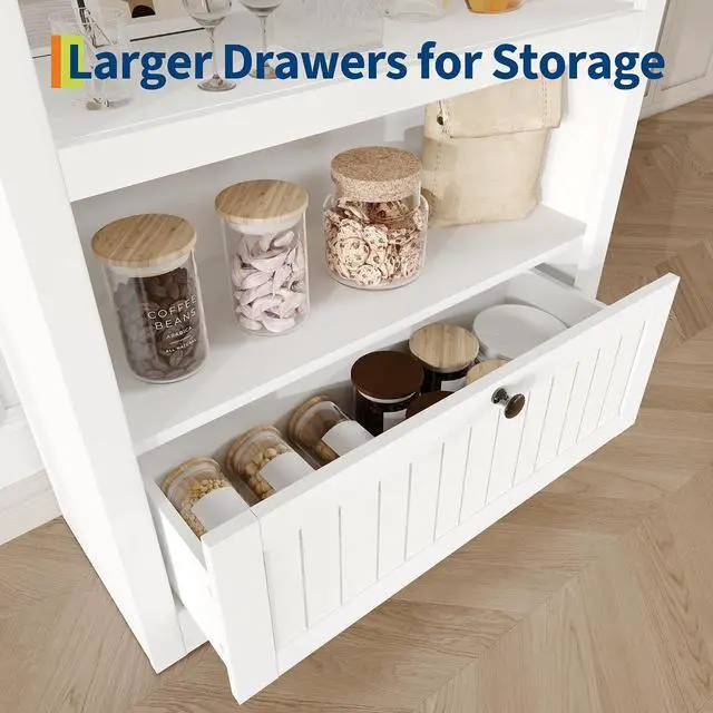Alt view image 4 of 7 - 72" Arched Bookshelf with Storage Drawer, Modern 6-Tier Wood Display Cabinet with Open Shelves and Bottom Drawer, Curved Cabinet Door for Living Room, Dining Room, Kitchen (White/Black)