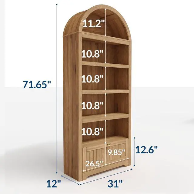 Alt view image 2 of 7 - 72" Arched Bookshelf with Storage Drawer, Modern 6-Tier Wood Display Cabinet with Open Shelves and Bottom Drawer, Curved Cabinet Door for Living Room, Dining Room, Kitchen (Natural/Gold)