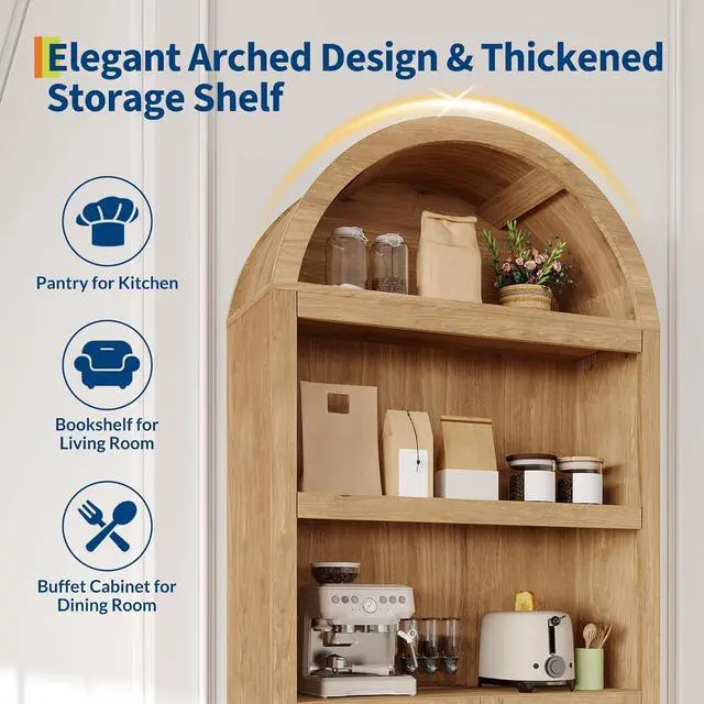 Alt view image 3 of 7 - 72" Arched Bookshelf with Storage Drawer, Modern 6-Tier Wood Display Cabinet with Open Shelves and Bottom Drawer, Curved Cabinet Door for Living Room, Dining Room, Kitchen (Natural/Gold)
