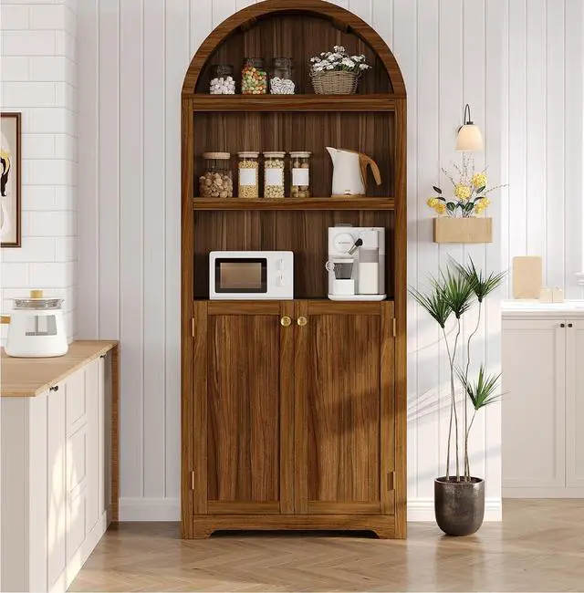 Main image of 72" Tall Wood Arched Storage Cabinet 5-Shelf Kitchen Pantry Cabinet with Doors & Open Shelves, Versatile Standing Bookcase & Cupboard for Living Room, Dining Room, KitchenWalnut/Gold