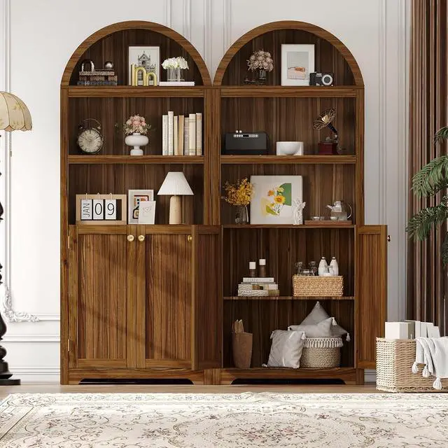 Alt view image 3 of 7 - 72" Tall Wood Arched Storage Cabinet 5-Shelf Kitchen Pantry Cabinet with Doors & Open Shelves, Versatile Standing Bookcase & Cupboard for Living Room, Dining Room, KitchenWalnut/Gold