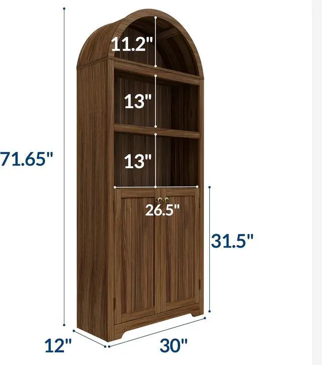 Alt view image 2 of 7 - 72" Tall Wood Arched Storage Cabinet 5-Shelf Kitchen Pantry Cabinet with Doors & Open Shelves, Versatile Standing Bookcase & Cupboard for Living Room, Dining Room, KitchenWalnut/Gold