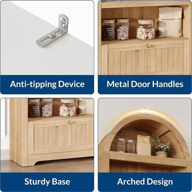 Alt view image 6 of 7 - 72" Arched Bookshelf with Storage Drawer, Modern 6-Tier Wood Display Cabinet with Open Shelves and Bottom Drawer, Curved Cabinet Door for Living Room, Dining Room, Kitchen (Natural/Gold)