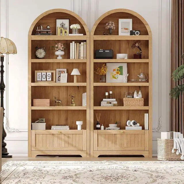 Alt view image 7 of 7 - 72" Arched Bookshelf with Storage Drawer, Modern 6-Tier Wood Display Cabinet with Open Shelves and Bottom Drawer, Curved Cabinet Door for Living Room, Dining Room, Kitchen (Natural/Gold)
