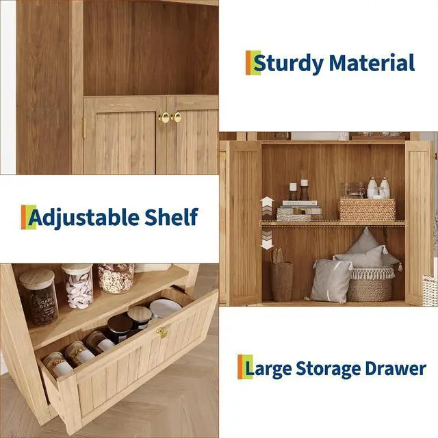 Alt view image 5 of 7 - 72" Arched Bookshelf with Storage Drawer, Modern 6-Tier Wood Display Cabinet with Open Shelves and Bottom Drawer, Curved Cabinet Door for Living Room, Dining Room, Kitchen (Natural/Gold)