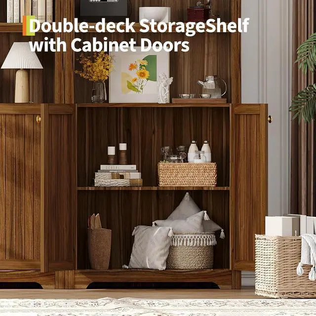 Alt view image 5 of 7 - 72" Tall Wood Arched Storage Cabinet 5-Shelf Kitchen Pantry Cabinet with Doors & Open Shelves, Versatile Standing Bookcase & Cupboard for Living Room, Dining Room, KitchenWalnut/Gold
