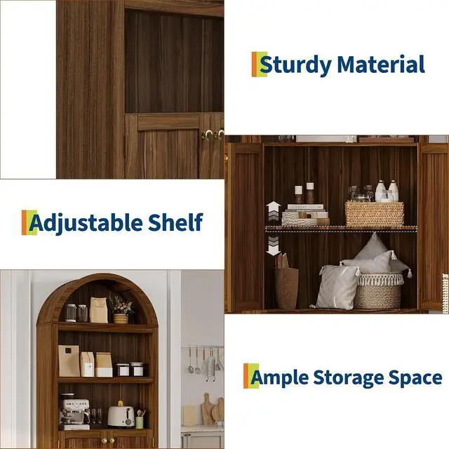 Alt view image 6 of 7 - 72" Tall Wood Arched Storage Cabinet 5-Shelf Kitchen Pantry Cabinet with Doors & Open Shelves, Versatile Standing Bookcase & Cupboard for Living Room, Dining Room, KitchenWalnut/Gold