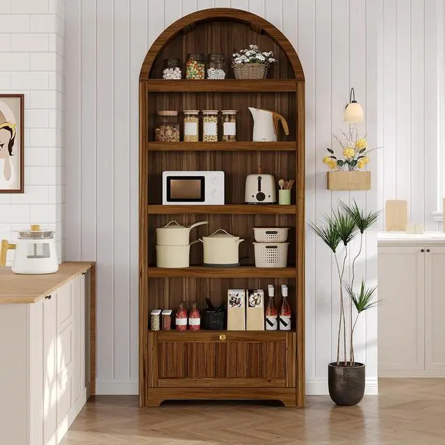 Main image of 72" Arched Bookshelf with Storage Drawer, Modern 6-Tier Wood Display Cabinet with Open Shelves and Bottom Drawer, Curved Cabinet Door for Living Room, Dining Room, Kitchen (Walnut/Gold)
