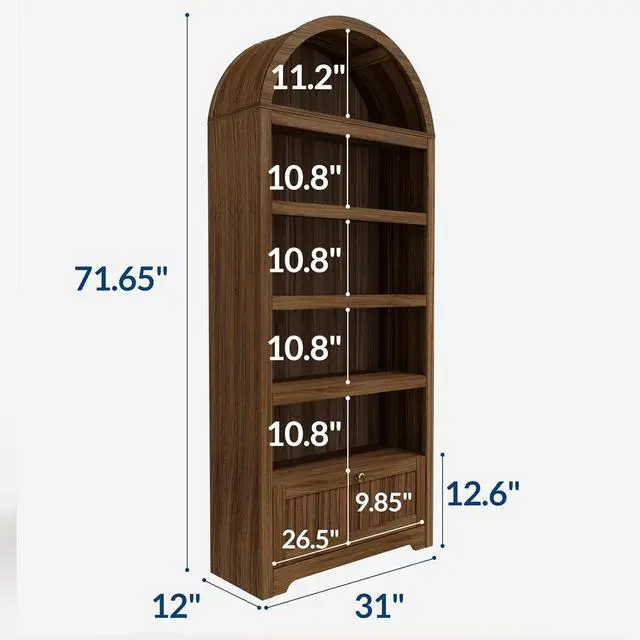 Alt view image 2 of 7 - 72" Arched Bookshelf with Storage Drawer, Modern 6-Tier Wood Display Cabinet with Open Shelves and Bottom Drawer, Curved Cabinet Door for Living Room, Dining Room, Kitchen (Walnut/Gold)