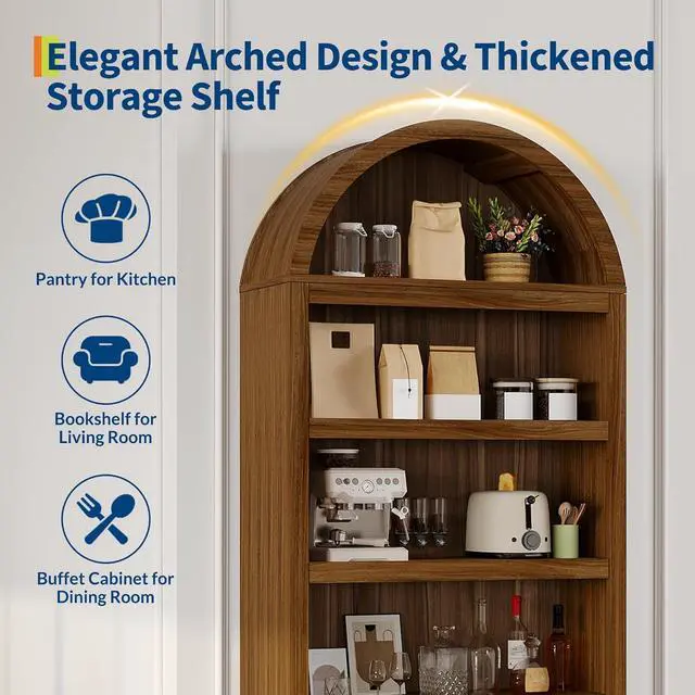 Alt view image 3 of 7 - 72" Arched Bookshelf with Storage Drawer, Modern 6-Tier Wood Display Cabinet with Open Shelves and Bottom Drawer, Curved Cabinet Door for Living Room, Dining Room, Kitchen (Walnut/Gold)